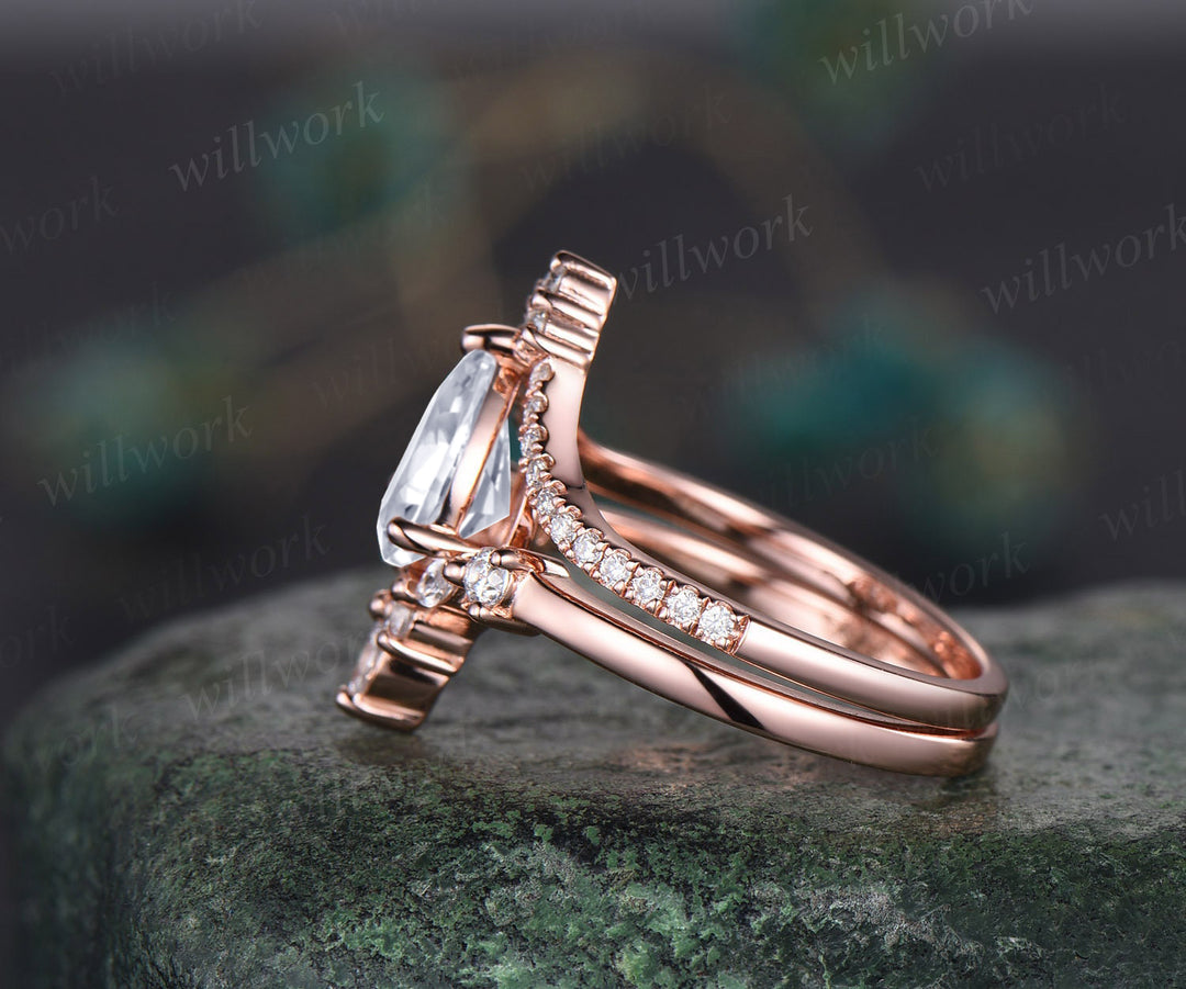 Teardrop moissanite engagement ring set curved V shape band wedding band vintage art deco crown bridal set 14k rose gold promise ring anniversary gifts