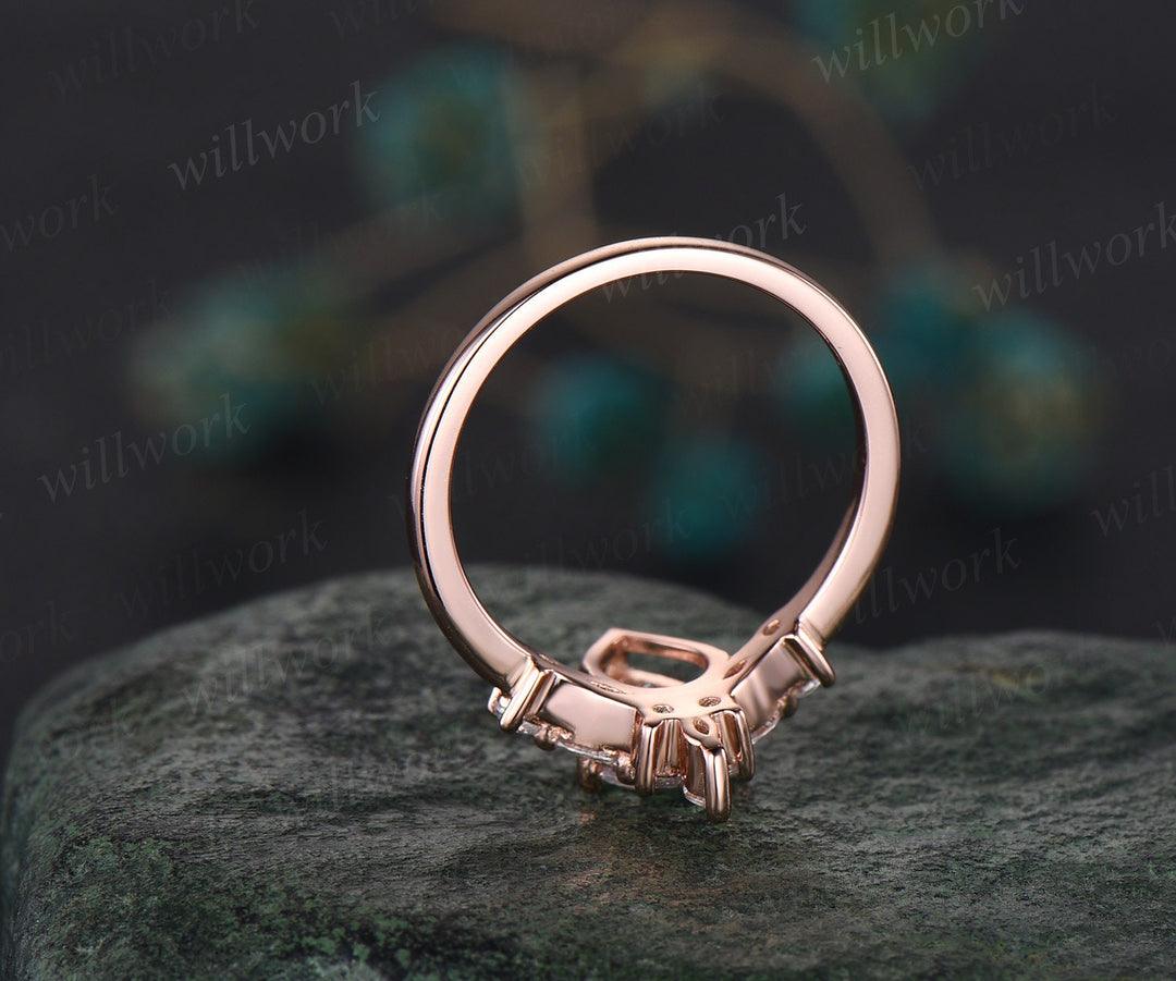 Teardrop moissanite engagement ring set curved V shape band wedding band vintage art deco crown bridal set 14k rose gold promise ring anniversary gifts