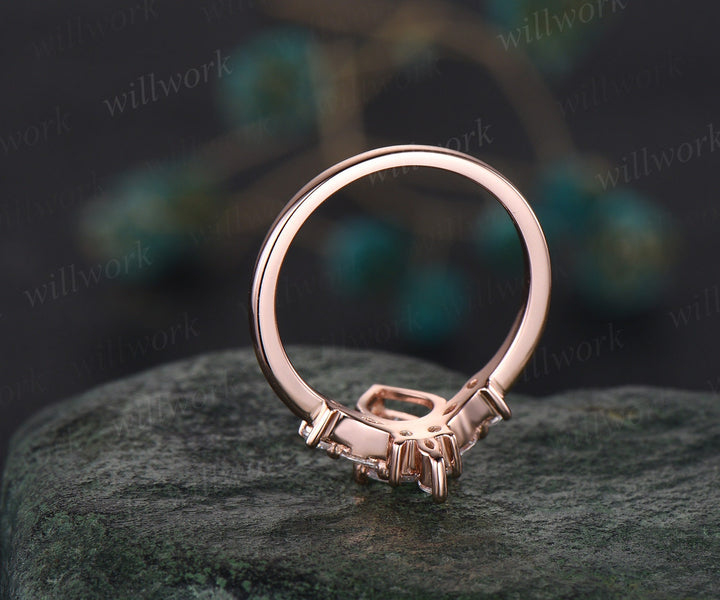 Teardrop moissanite engagement ring set curved V shape band wedding band vintage art deco crown bridal set 14k rose gold promise ring anniversary gifts
