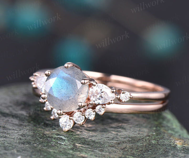 Round cut blue labradorite engagement ring set pear cut moissanite ring crown wedding band unique blue gemstone bridal ring set annivesary gifts