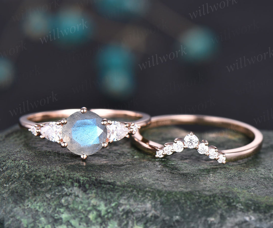Round cut blue labradorite engagement ring set pear cut moissanite ring crown wedding band unique blue gemstone bridal ring set annivesary gifts