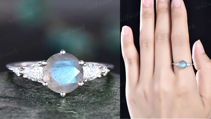 Round cut blue labradorite engagement ring set pear cut moissanite ring crown wedding band unique blue gemstone bridal ring set annivesary gifts