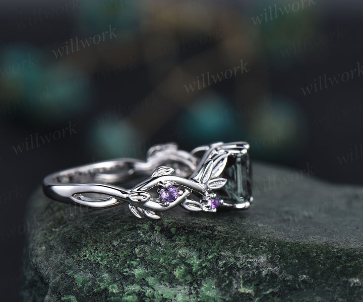 Aquamarine ring vintage hexagon cut Aquamarine engagement ring 14k white gold leaf ring twisted wedding ring women March birthstone ring