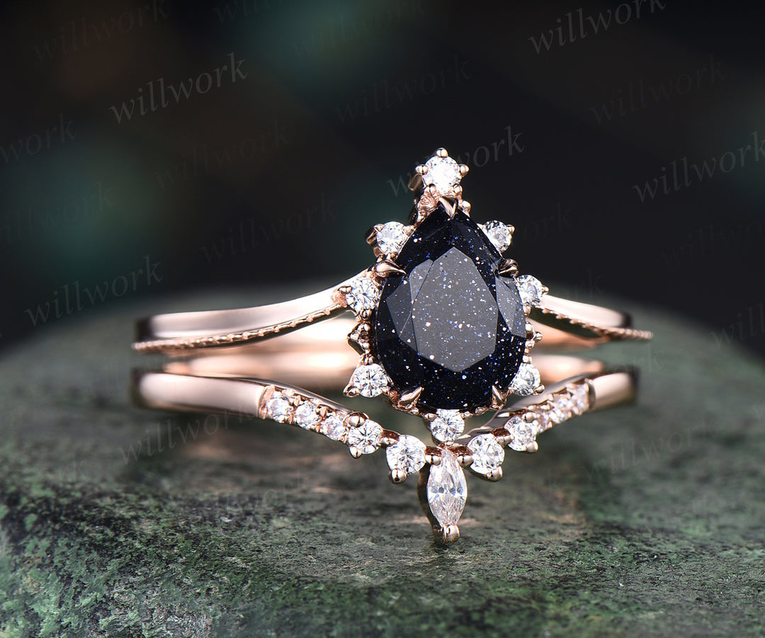 Pear shape blue sandstone engagement ring vintage art deco sandstone ring set solid 14k rose gold moissanite wedding band bridal set jewelry gifts