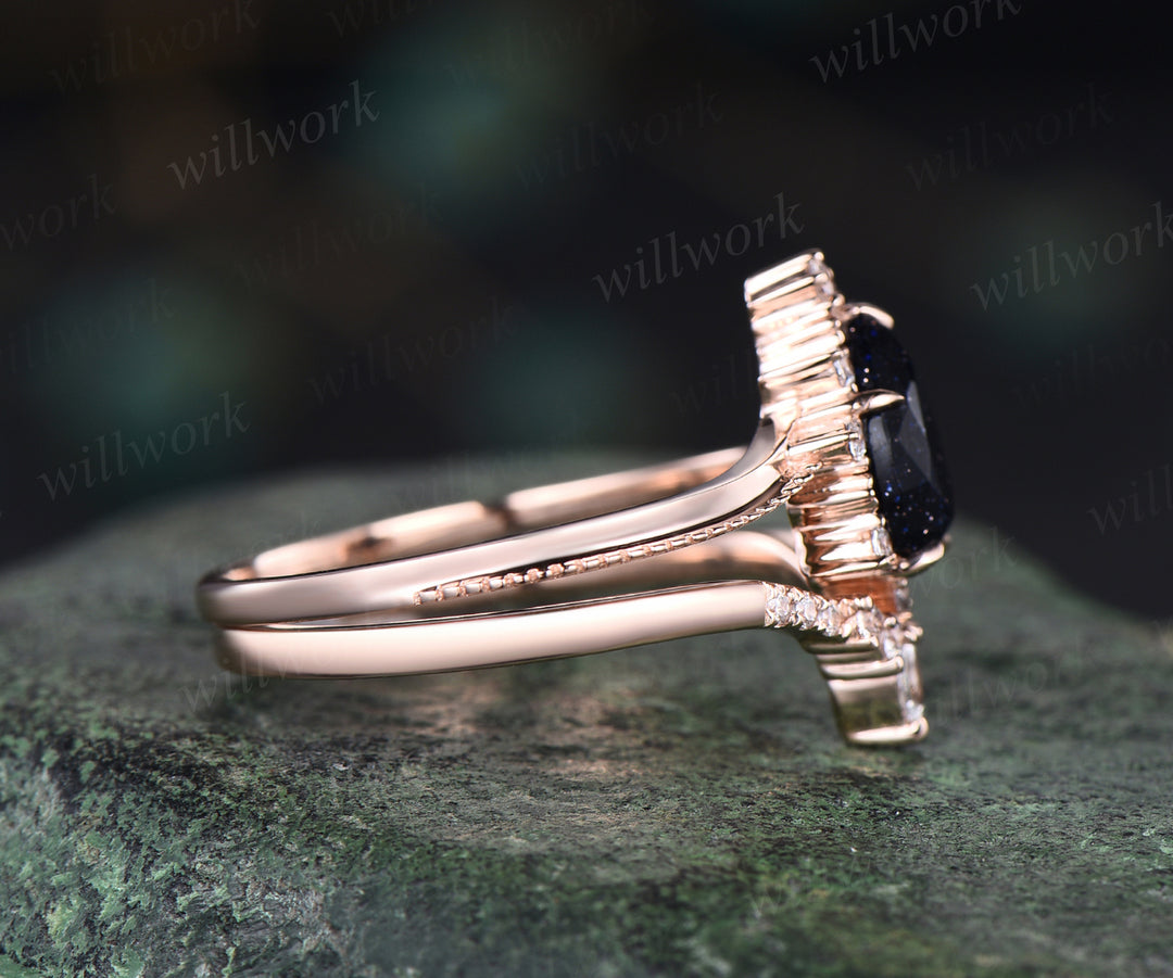 Pear shape blue sandstone engagement ring vintage art deco sandstone ring set solid 14k rose gold moissanite wedding band bridal set jewelry gifts