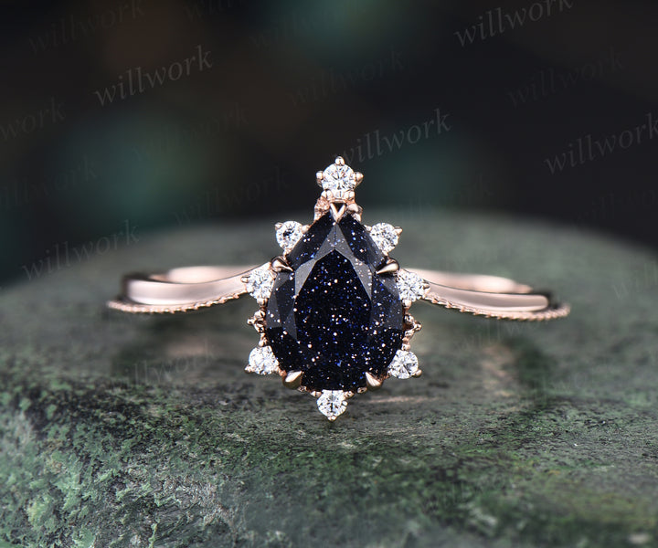Pear shape blue sandstone engagement ring vintage art deco sandstone ring set solid 14k rose gold moissanite wedding band bridal set jewelry gifts