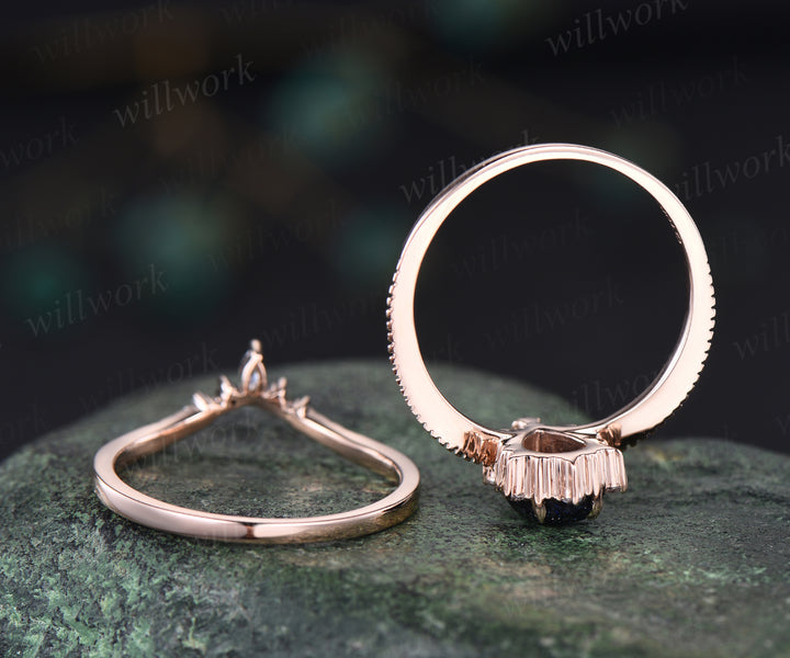 Pear shape blue sandstone engagement ring vintage art deco sandstone ring set solid 14k rose gold moissanite wedding band bridal set jewelry gifts