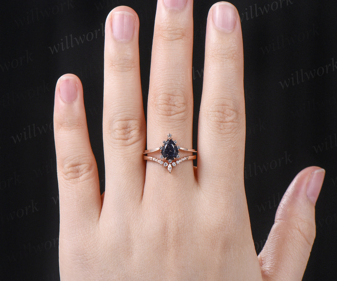 Pear shape blue sandstone engagement ring vintage art deco sandstone ring set solid 14k rose gold moissanite wedding band bridal set jewelry gifts