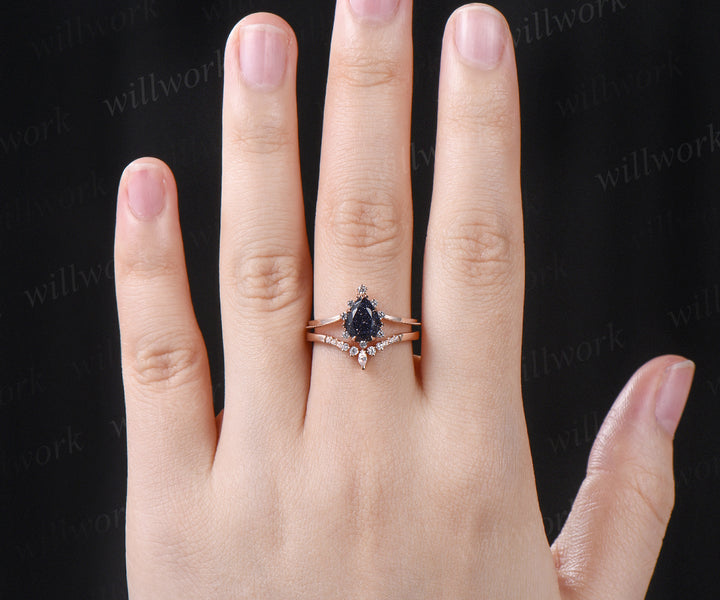 Pear shape blue sandstone engagement ring vintage art deco sandstone ring set solid 14k rose gold moissanite wedding band bridal set jewelry gifts