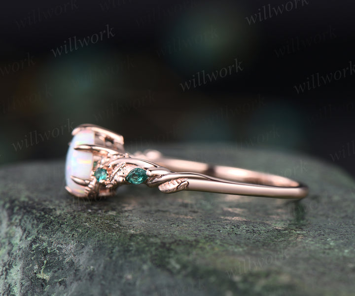 Unique hexange shape opal engagement ring twig emerald ring solid 14k rose gold nature inspired art deco marquise emerald ring October birthstone ring