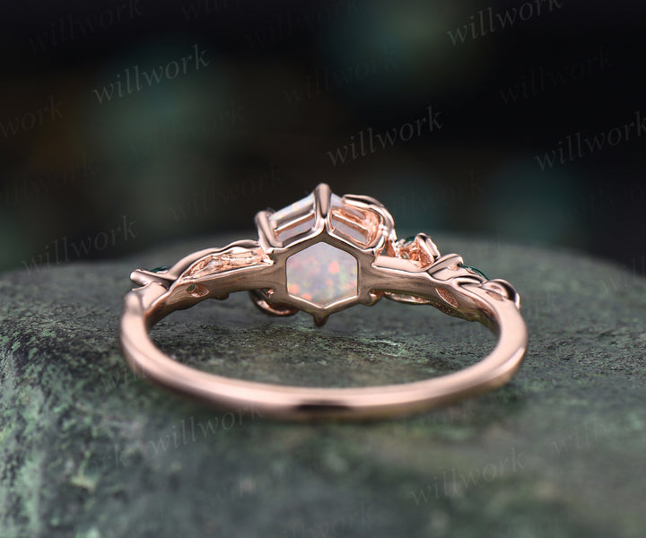 Unique hexange shape opal engagement ring twig emerald ring solid 14k rose gold nature inspired art deco marquise emerald ring October birthstone ring