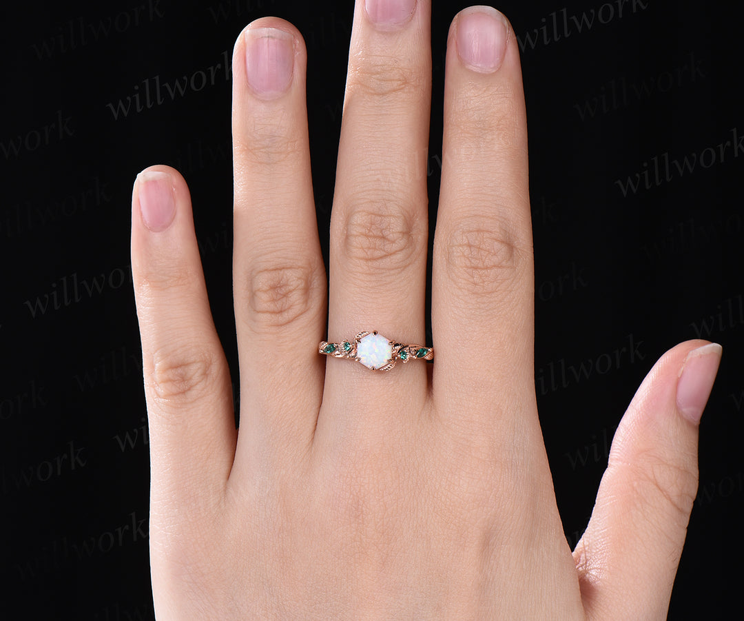 Unique hexange shape opal engagement ring twig emerald ring solid 14k rose gold nature inspired art deco marquise emerald ring October birthstone ring