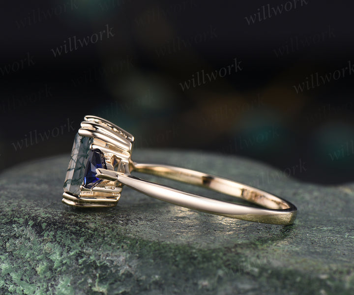 Vintage emerald cut moss agate engagement ring rose gold trillion cut sapphire ring unique bridal wedding ring jewelry gifts