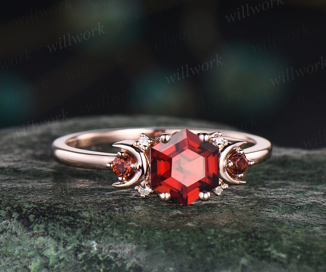 Hexagon natural red garnet engagement ring art deco moon garnet ring nature inspired wedding ring January birthstone ring gifts for women
