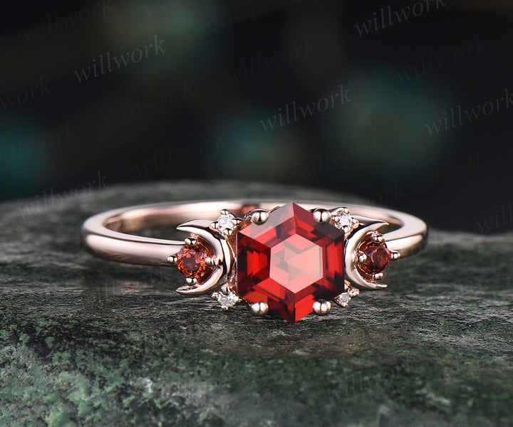 Hexagon natural red garnet engagement ring art deco moon garnet ring nature inspired wedding ring January birthstone ring gifts for women