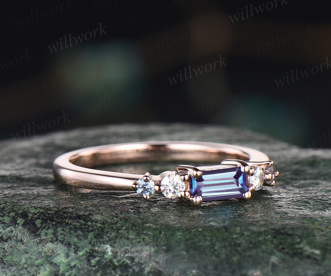 Vintage baguette alexandrite ring dainty wedding band art deco moissanite ring rose gold stacking ring matching band anniversary gifts for her