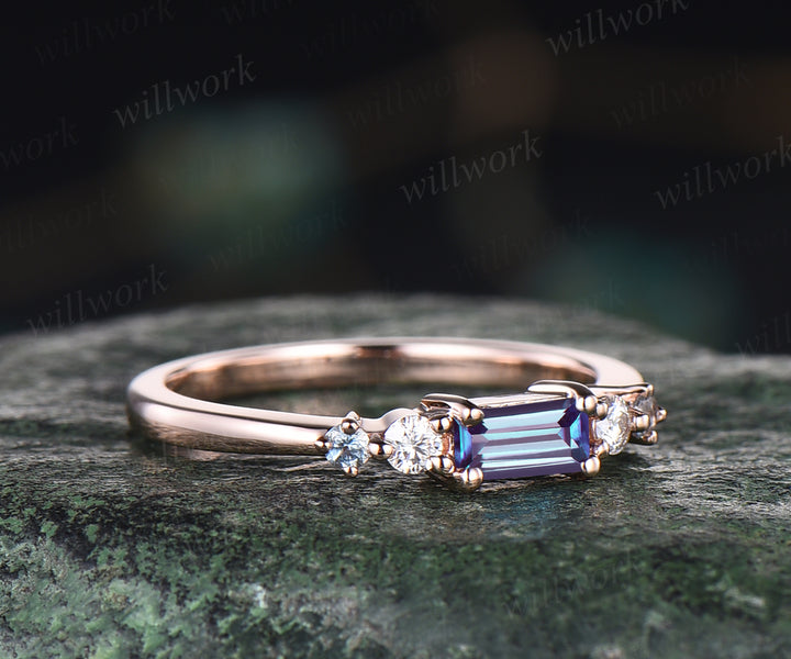 Vintage baguette alexandrite ring dainty wedding band art deco moissanite ring rose gold stacking ring matching band anniversary gifts for her