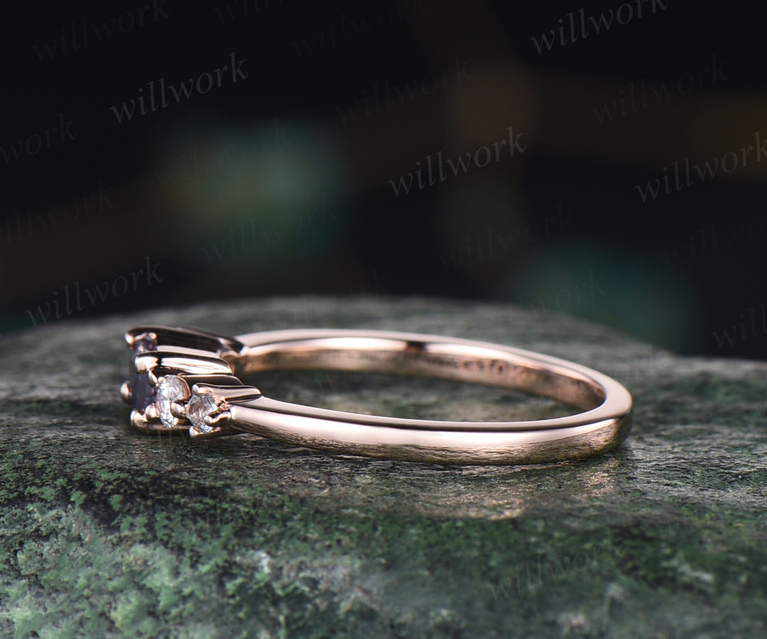 Vintage baguette alexandrite ring dainty wedding band art deco moissanite ring rose gold stacking ring matching band anniversary gifts for her