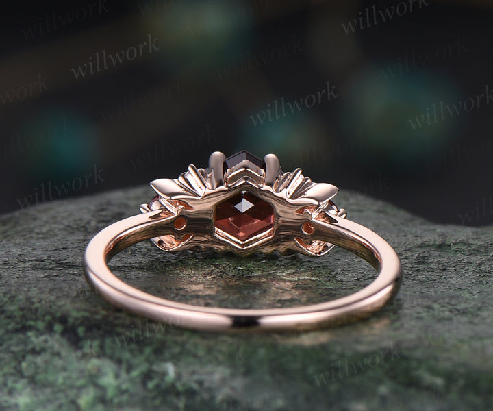Hexagon natural red garnet engagement ring art deco moon garnet ring nature inspired wedding ring January birthstone ring gifts for women
