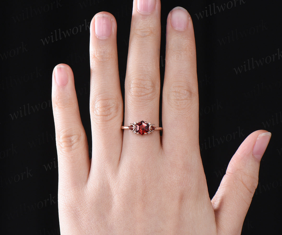 Hexagon natural red garnet engagement ring art deco moon garnet ring nature inspired wedding ring January birthstone ring gifts for women