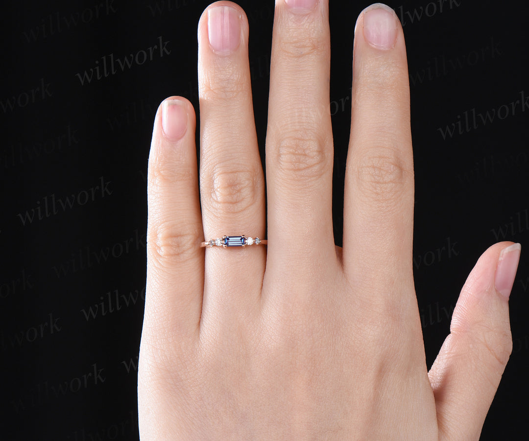 Vintage baguette alexandrite ring dainty wedding band art deco moissanite ring rose gold stacking ring matching band anniversary gifts for her