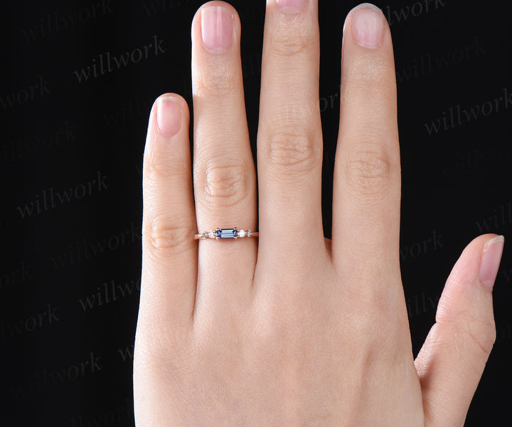 Vintage baguette alexandrite ring dainty wedding band art deco moissanite ring rose gold stacking ring matching band anniversary gifts for her