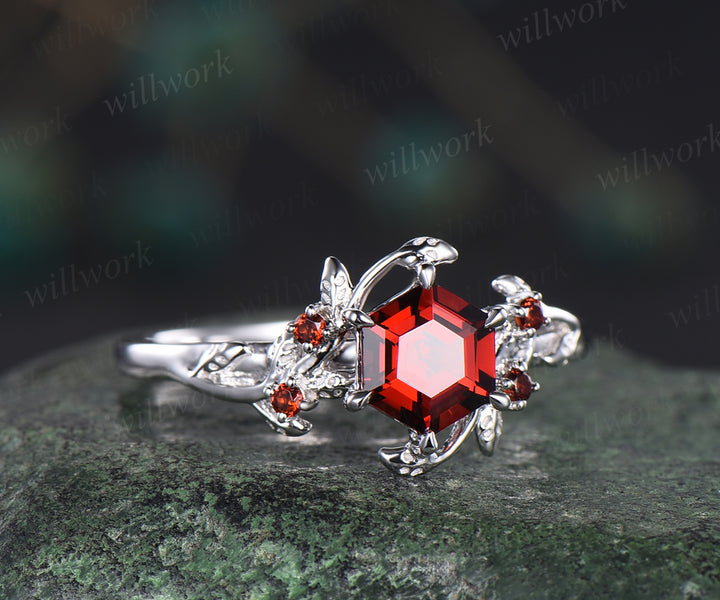 Natural red garnet engagement ring twig leaf hexagon shape garnet ring nature inspired wedding ring proposal ring January birthstone ring for women