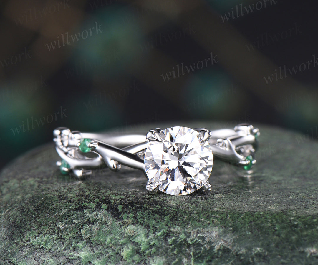 6.5mm round cut moissanite engagement ring 14k white gold five stone leaf branches diamond ring women unique nature inspired anniversary ring gift for her
