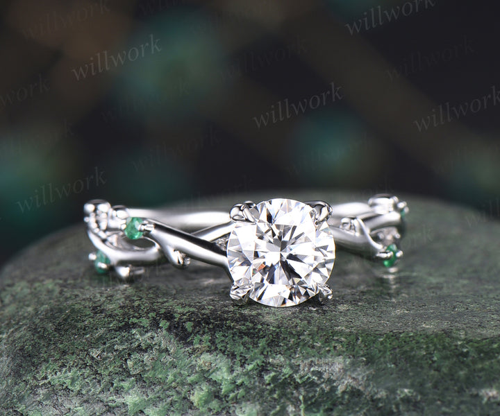 6.5mm round cut moissanite engagement ring 14k white gold five stone leaf branches diamond ring women unique nature inspired anniversary ring gift for her