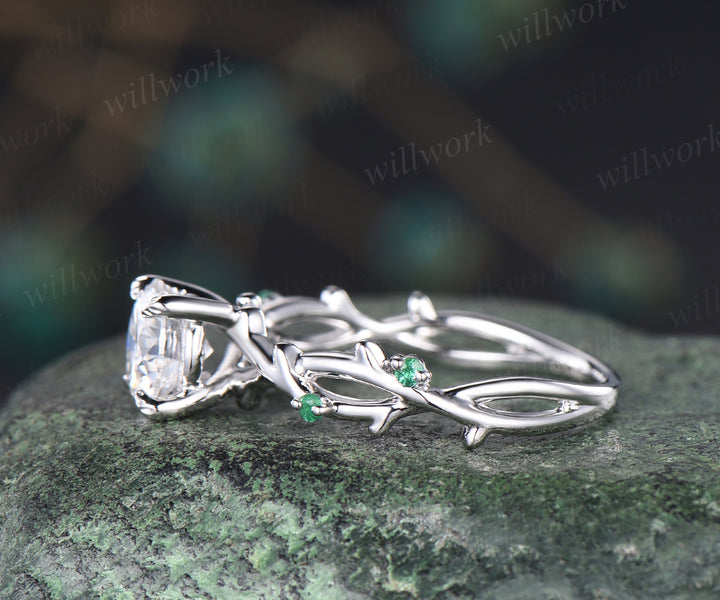 6.5mm round cut moissanite engagement ring 14k white gold five stone leaf branches diamond ring women unique nature inspired anniversary ring gift for her