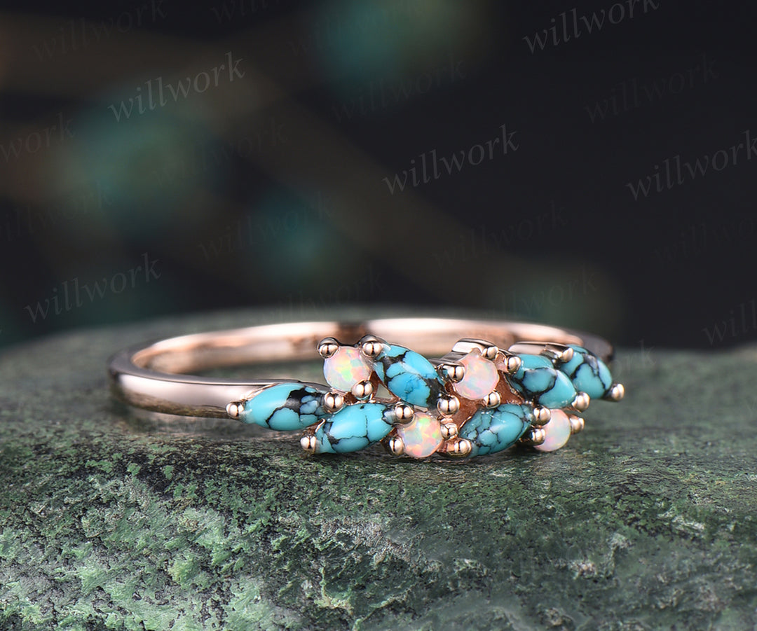 Antique turquoise wedding band white opal ring solid rose gold unique cluster marquise teal green gems stackable ring for women bridal gifts