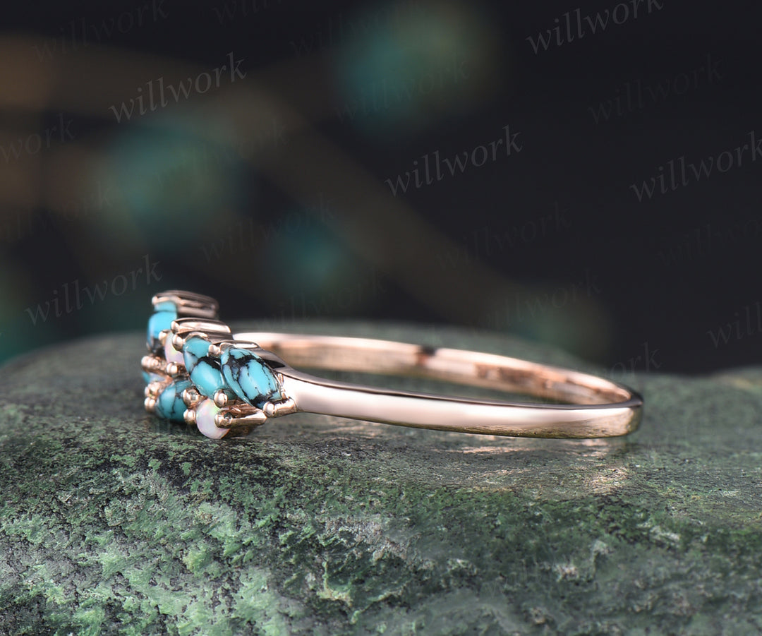 Antique turquoise wedding band white opal ring solid rose gold unique cluster marquise teal green gems stackable ring for women bridal gifts
