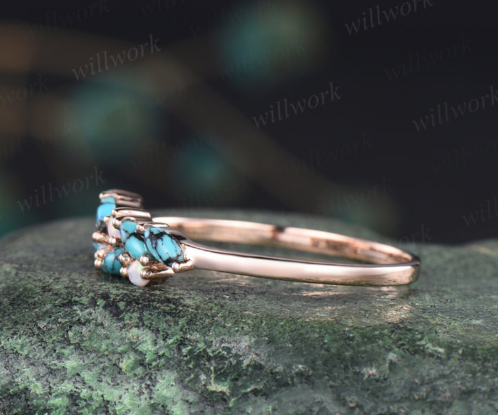 Antique turquoise wedding band white opal ring solid rose gold unique cluster marquise teal green gems stackable ring for women bridal gifts
