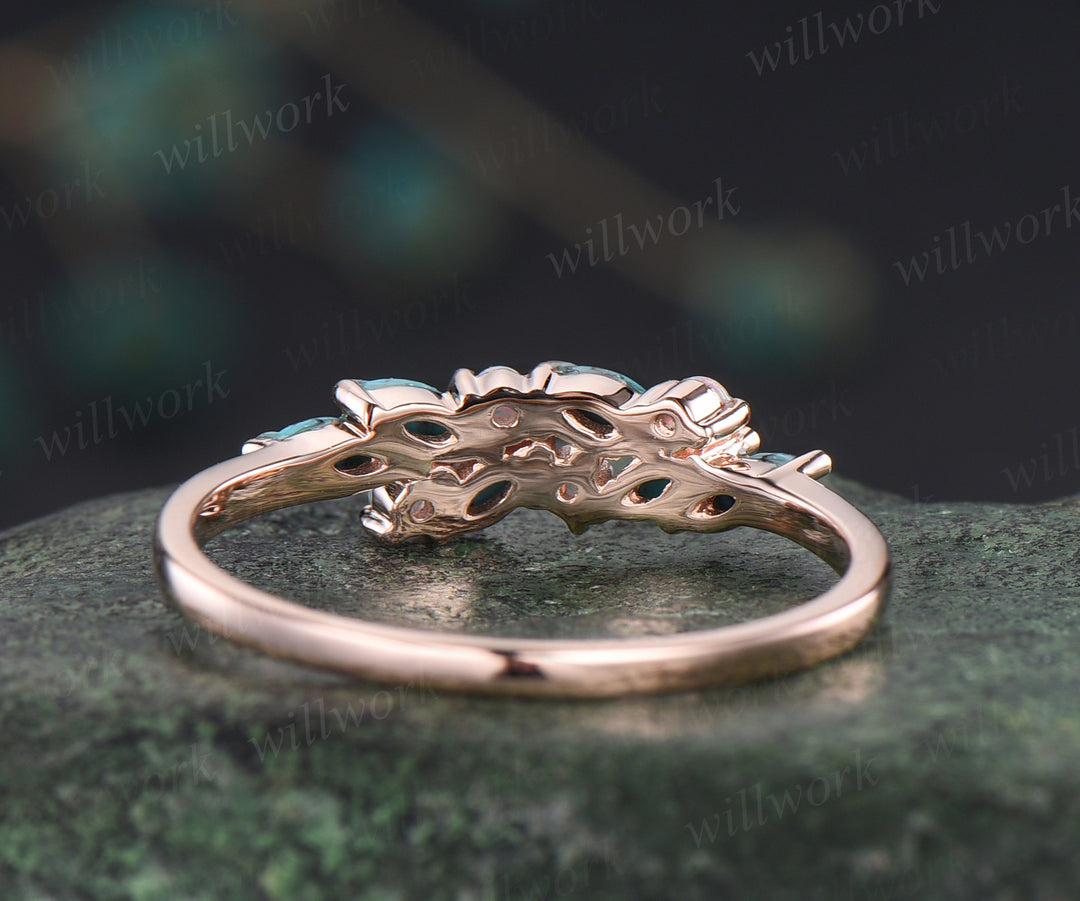 Antique turquoise wedding band white opal ring solid rose gold unique cluster marquise teal green gems stackable ring for women bridal gifts