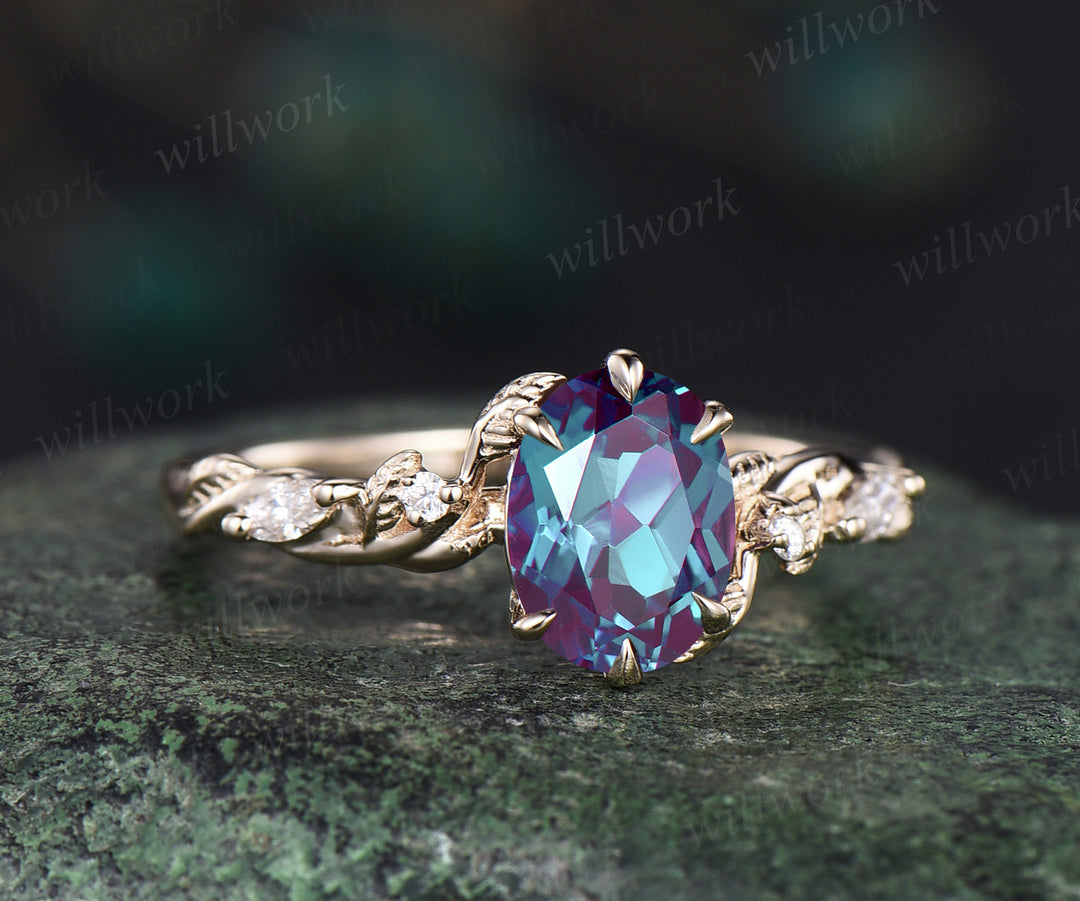 Oval cut Alexandrite engagement ring unique twig leaf ring nature inspired ring June birthstone  6 prongs ring for women anniversary gifts