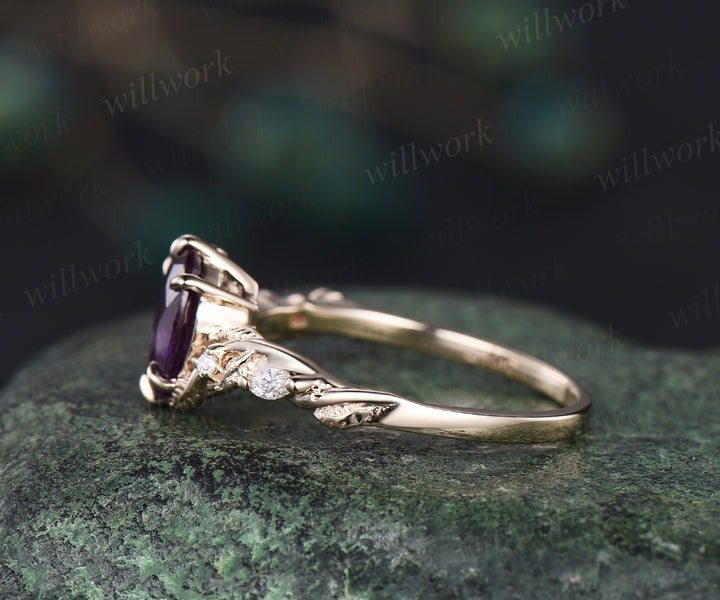 Oval cut Alexandrite engagement ring unique twig leaf ring nature inspired ring June birthstone  6 prongs ring for women anniversary gifts