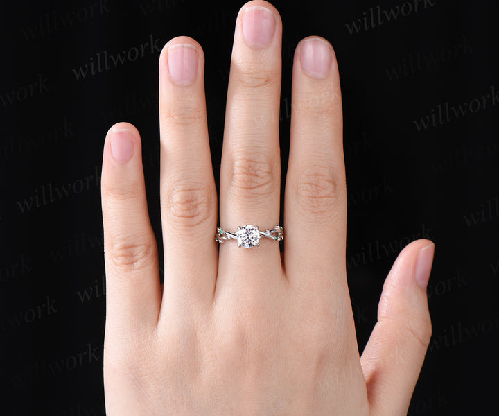 6.5mm round cut moissanite engagement ring 14k white gold five stone leaf branches diamond ring women unique nature inspired anniversary ring gift for her