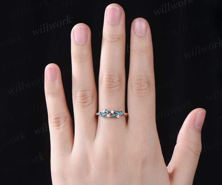 Antique turquoise wedding band white opal ring solid rose gold unique cluster marquise teal green gems stackable ring for women bridal gifts