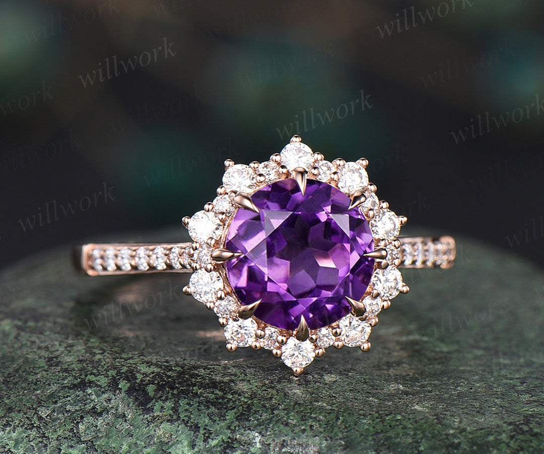Round amethyst engagement ring moissanites halo amethyst ring vintage half eternity moissanite ring February jewelry wedding bridal ring