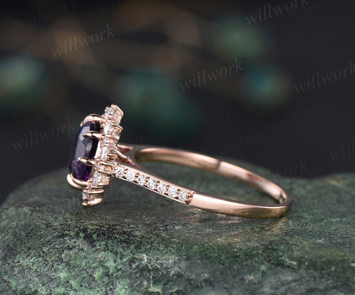 Round amethyst engagement ring moissanites halo amethyst ring vintage half eternity moissanite ring February jewelry wedding bridal ring