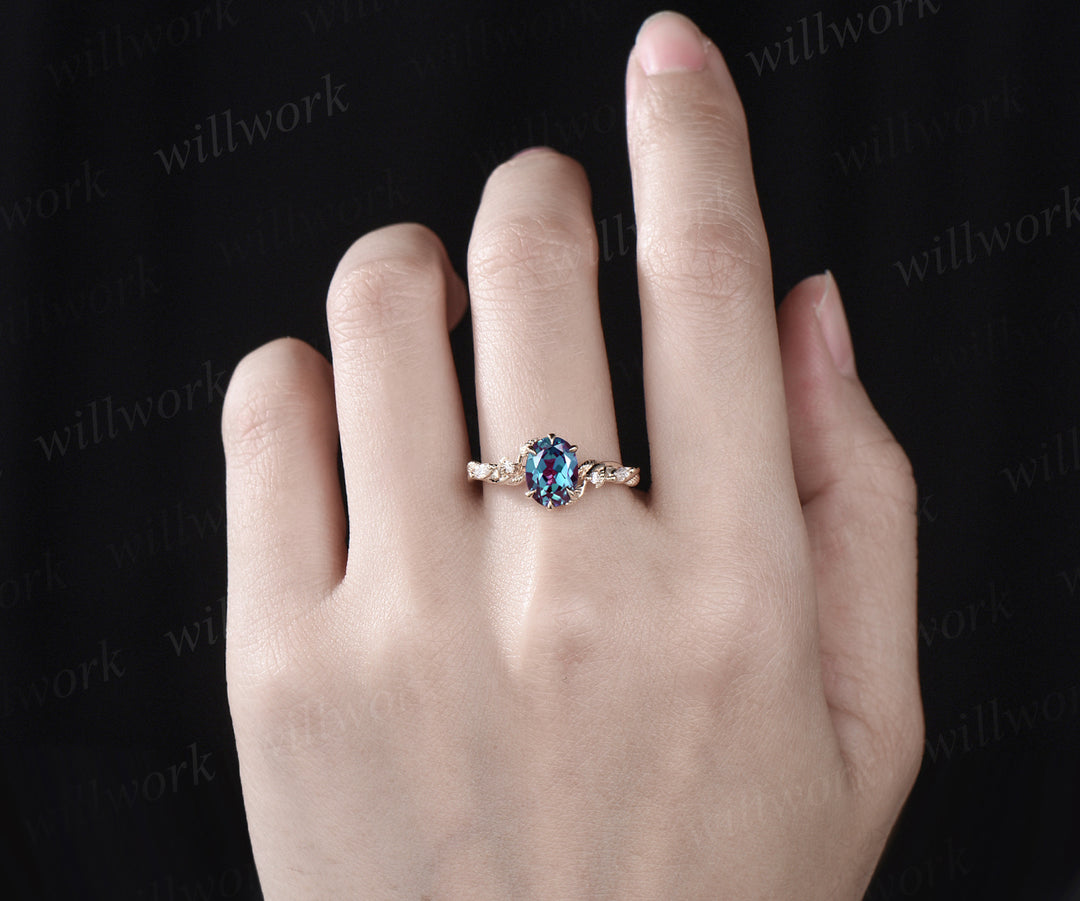 Oval cut Alexandrite engagement ring unique twig leaf ring nature inspired ring June birthstone  6 prongs ring for women anniversary gifts