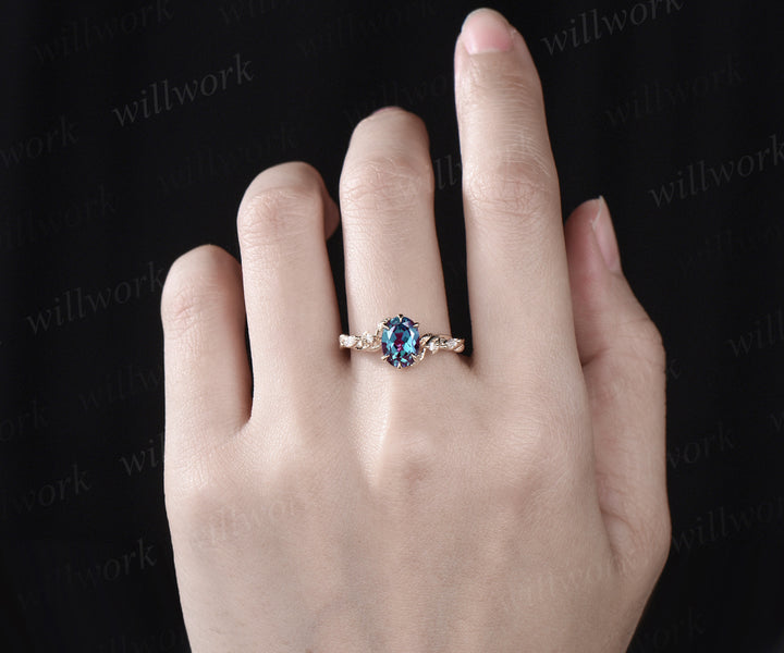 Oval cut Alexandrite engagement ring unique twig leaf ring nature inspired ring June birthstone  6 prongs ring for women anniversary gifts
