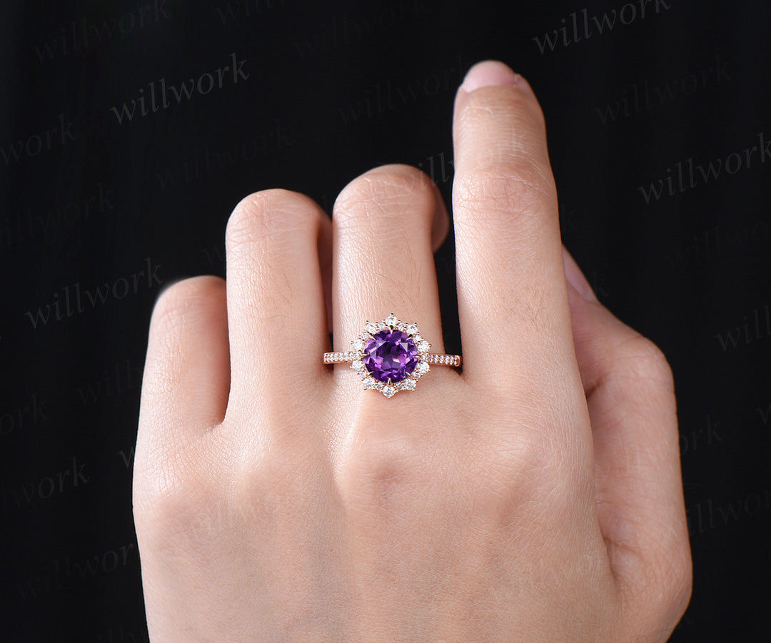 Round amethyst engagement ring moissanites halo amethyst ring vintage half eternity moissanite ring February jewelry wedding bridal ring