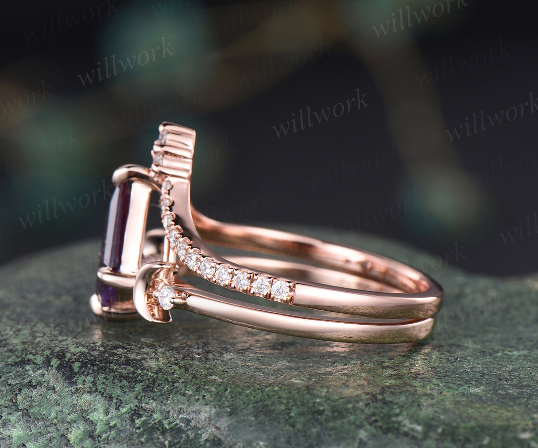 Vintage kite cut Alexandrite engagement ring unique moon moissanites ring rose gold curved V shape wedding band bridal set