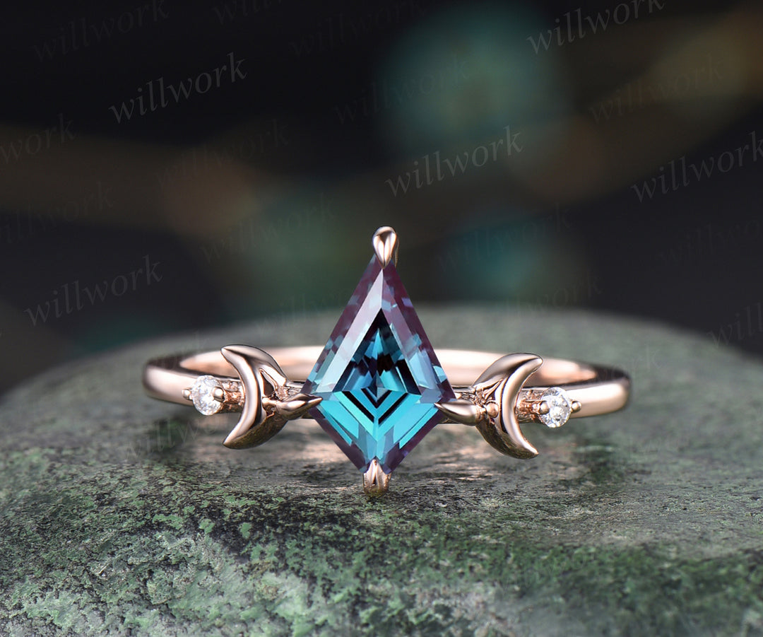 Vintage kite cut Alexandrite engagement ring unique moon moissanites ring rose gold curved V shape wedding band bridal set