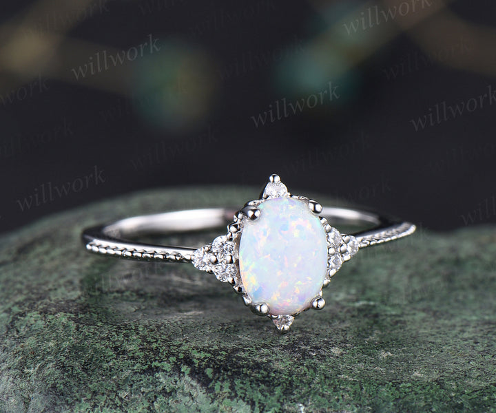 Opal engagement ring set art deco moissanites ring dainty milgrain bridal ring October birthstone jewelry gifts