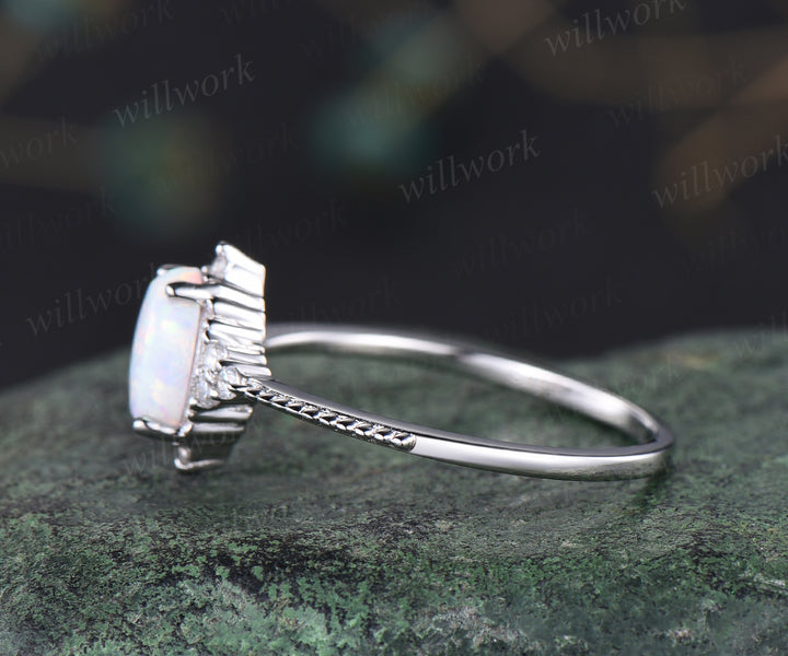 Opal engagement ring set art deco moissanites ring dainty milgrain bridal ring October birthstone jewelry gifts