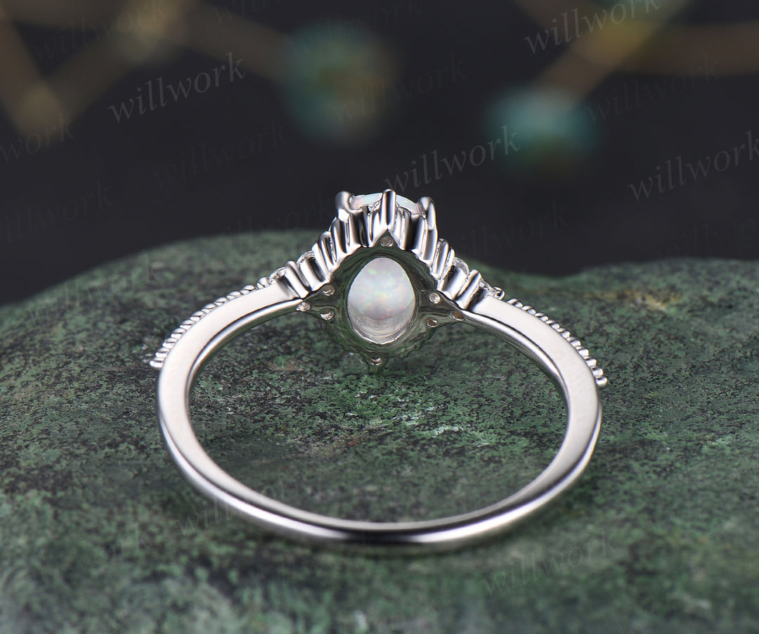 Opal engagement ring set art deco moissanites ring dainty milgrain bridal ring October birthstone jewelry gifts