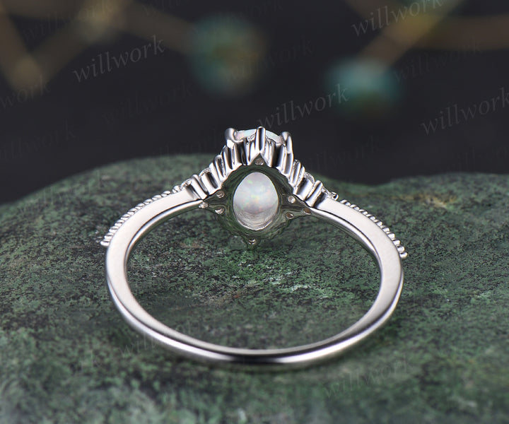 Opal engagement ring set art deco moissanites ring dainty milgrain bridal ring October birthstone jewelry gifts