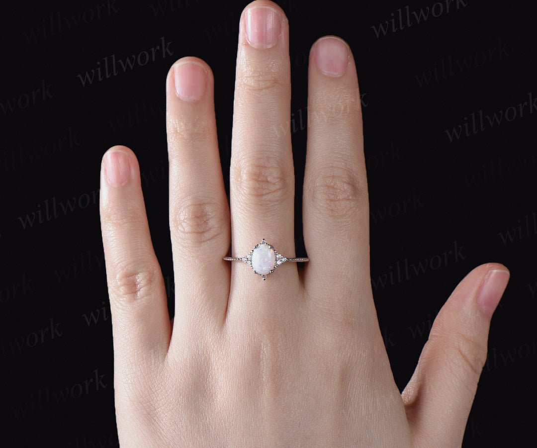 Opal engagement ring set art deco moissanites ring dainty milgrain bridal ring October birthstone jewelry gifts